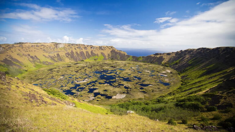 Aerial view of Rano Kau volcano crater on Easter Island.