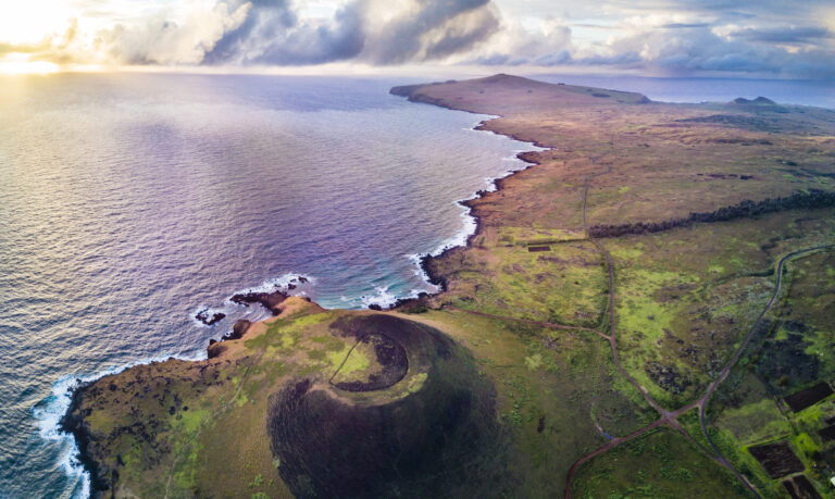 Aerial view of Rano Kau crater on Easter Island.