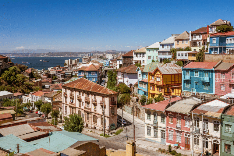 Colorful houses in Valparaiso, Chile overlooking the bay.