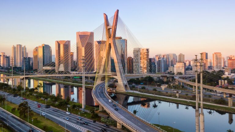 Sao Paulo cable-stayed bridge at sunset.