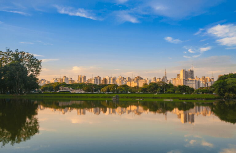 Ibirapuera Park lake with São Paulo skyline
