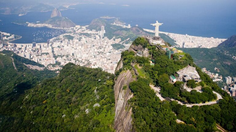Aerial view of Christ the Redeemer overlooking Rio de Janeiro.