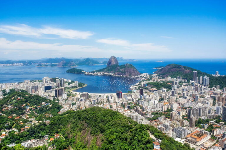 Rio de Janeiro skyline with Sugarloaf Mountain in the background.
