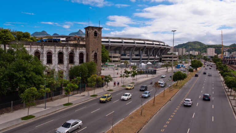 Maracanã Stadium in Rio de Janeiro with surrounding road and buildings