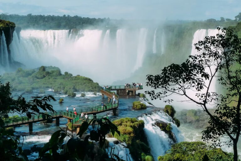 Tourists on a bridge at Iguazu Falls