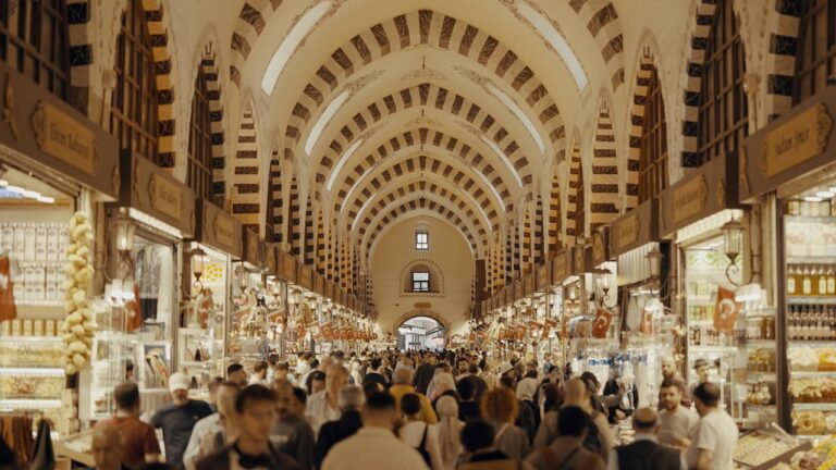 Interior view of the bustling Grand Bazaar in Istanbul