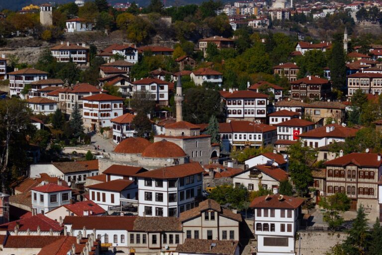 Aerial view of Safranbolu with Ottoman houses and a mosque.