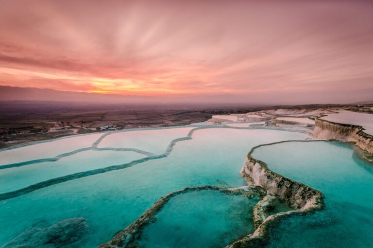 Pamukkale thermal pools at sunset