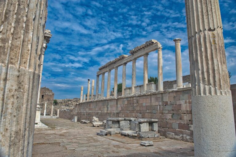 Ancient ruins of Pergamon with stone columns under a blue sky