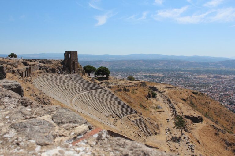 Ancient theater in Pergamon with city view.