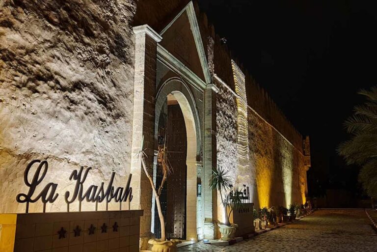 Night view of La Kasbah Hotel entrance in Kairouan, Tunisia